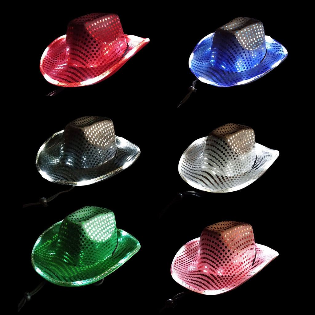 LED Flashing Cowboy Hat – Silver Sequin – White Lights – One Size – Party Western