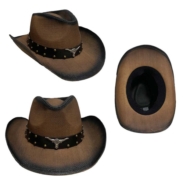 Men's Cowboy Straw Hat with Metal Bull